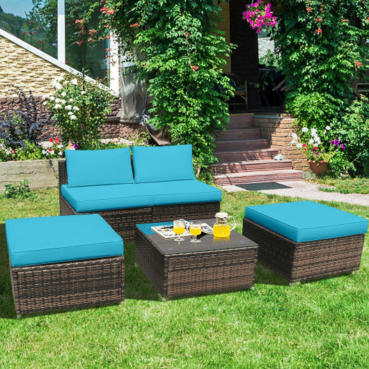 5 Pieces Patio Rattan Furniture Set with Cushioned Armless Sofa-Turquoise