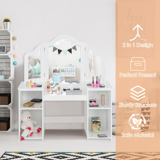 Kids Tri Folding Mirror Makeup Dressing Vanity Table Set-White