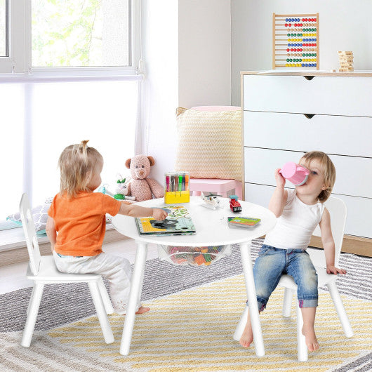 Wood Activity Kids Table and Chair Set with Center Mesh Storage for Snack Time and Homework-White