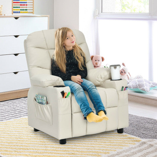 PU Leather Kids Recliner Chair with Cup Holders and Side Pockets-Beige
