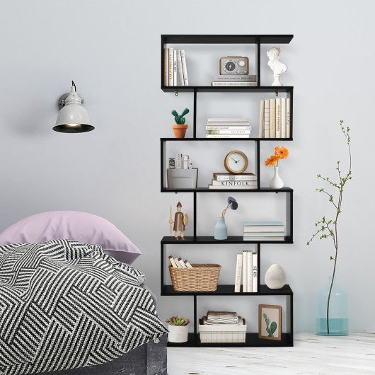 6 Tier S-Shaped Bookshelf Storage Display Bookcase Decor Z-Shelf -Black
