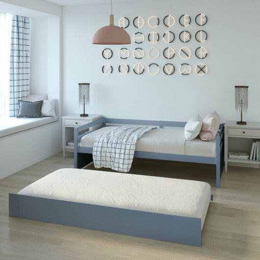 Twin Size Trundle Platform Bed Frame with Wooden Slat Support-Gray