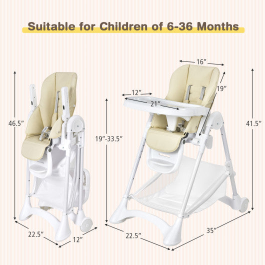 Baby Convertible Folding Adjustable High Chair with Wheel Tray Storage Basket -Beige