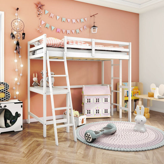 Twin Size Loft Bed Frame with Desk Angled and Built-in Ladder-White