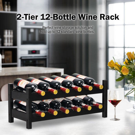 2-Tier 12 Bottles Bamboo Storage Shelf Wine Rack-Brown