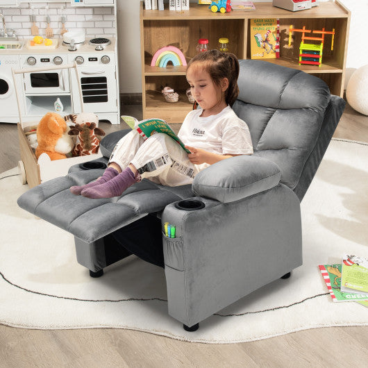 Kids PU Leather/Velvet Fabric Kids Recliner Chair with Cup Holders-Light Gray
