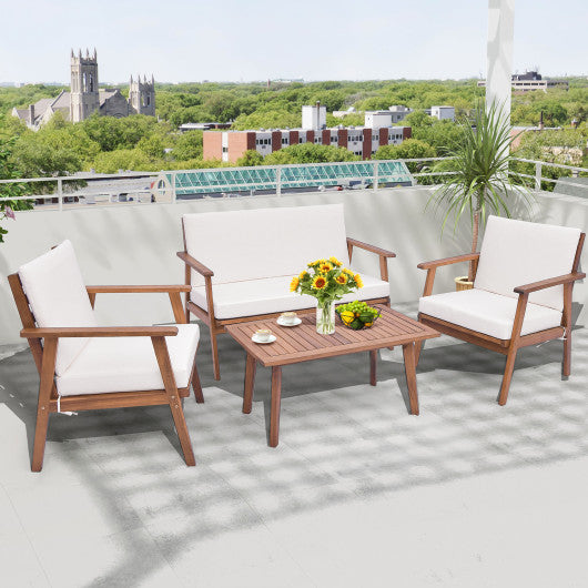 4 Piece Outdoor Acacia Wood Conversation Set with Soft Seat and Back Cushions-White