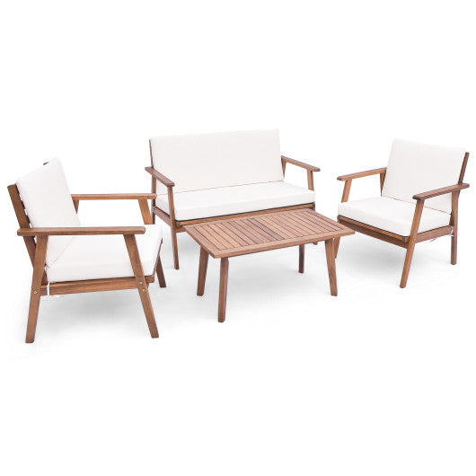 4 Piece Outdoor Acacia Wood Conversation Set with Soft Seat and Back Cushions-White