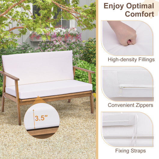 4 Piece Outdoor Acacia Wood Conversation Set with Soft Seat and Back Cushions-White