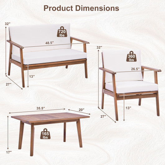 4 Piece Outdoor Acacia Wood Conversation Set with Soft Seat and Back Cushions-White