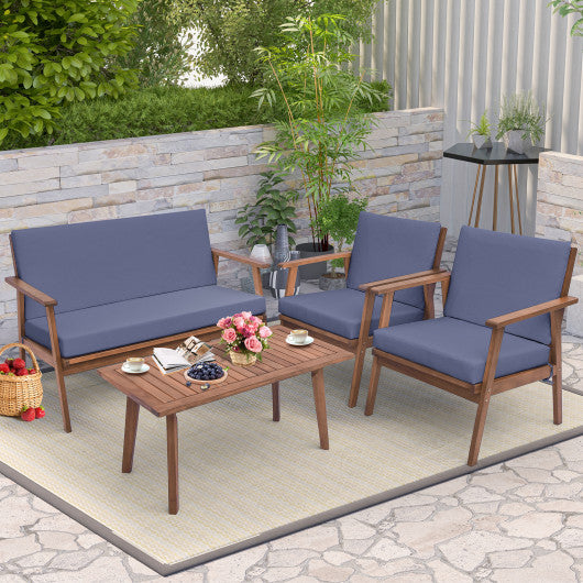 4 Piece Outdoor Acacia Wood Conversation Set with Soft Seat and Back Cushions-Gray