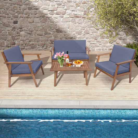 4 Piece Outdoor Acacia Wood Conversation Set with Soft Seat and Back Cushions-Gray