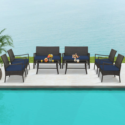 4 Pieces Outdoor Rattan Conversation Set with Tempered Glass Coffee Table-Navy