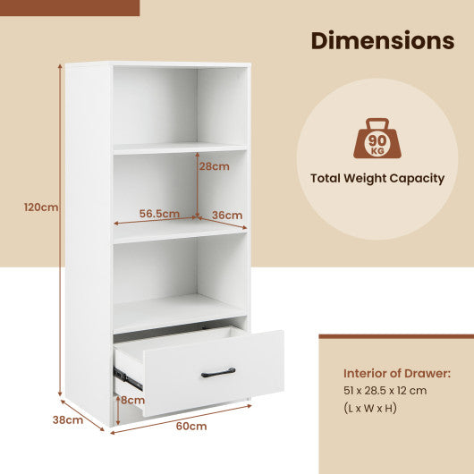 48 Inch Tall 4 Tiers Wood Bookcase with Drawer-White