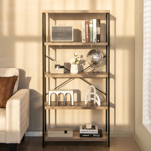5-Tier Industrial Bookshelf Display Storage Rack with Metal Frame-Gray