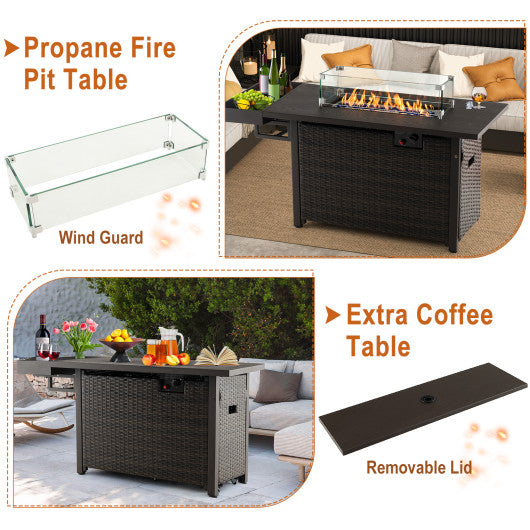 52 Inches Outdoor Wicker Gas Fire Pit Propane Fire Table with Cover-Brown
