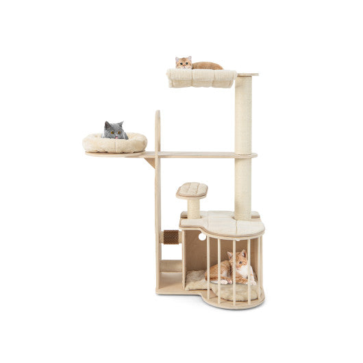 55 Inch Tall Multi-Level Cat Tree with Washable Removable Cushions-Natural