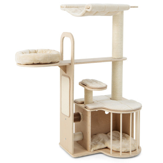55 Inch Tall Multi-Level Cat Tree with Washable Removable Cushions-Natural