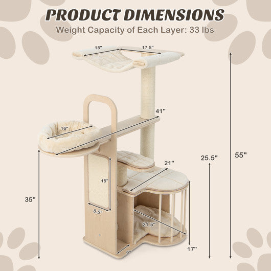 55 Inch Tall Multi-Level Cat Tree with Washable Removable Cushions-Natural