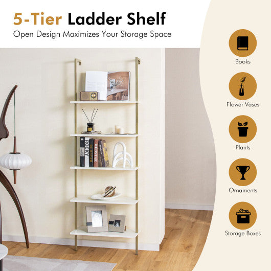 5 Tier Ladder Shelf Wall-Mounted Bookcase with Steel Frame-Golden