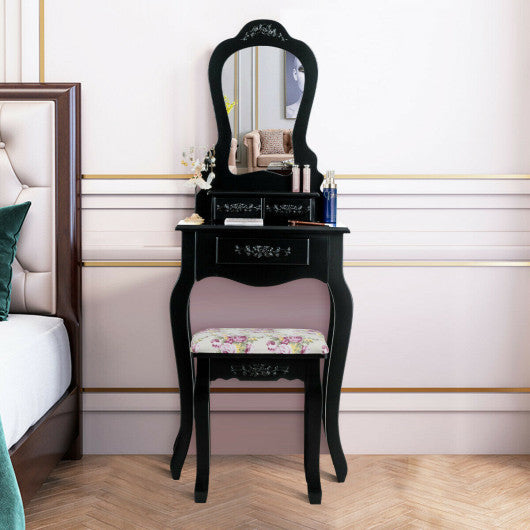 Makeup Dressing Table and Bench 3 Drawers and Cushioned Stool for Girls-Black