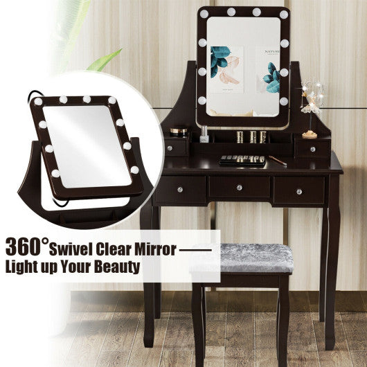 Vanity Dressing Table Set with 10 Dimmable Bulbs and Cushioned Stool-Brown