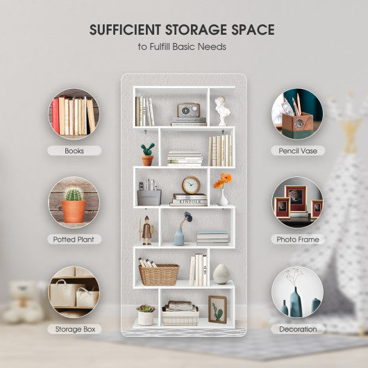 6 Tier S-Shaped Bookshelf Storage Display Bookcase Decor Z-Shelf -White