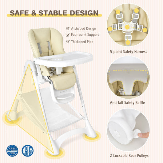 Baby Convertible Folding Adjustable High Chair with Wheel Tray Storage Basket -Beige