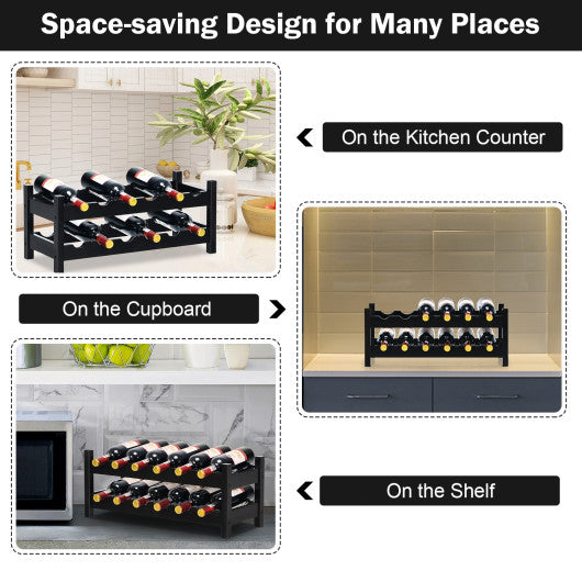 2-Tier 12 Bottles Bamboo Storage Shelf Wine Rack-Brown