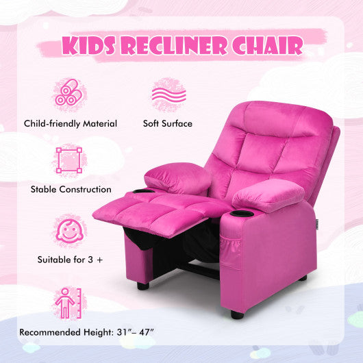 Kids PU Leather/Velvet Fabric Kids Recliner Chair with Cup Holders-Pink