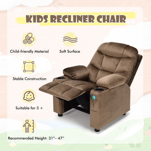 Kids PU Leather/Velvet Fabric Kids Recliner Chair with Cup Holders-Light Brown