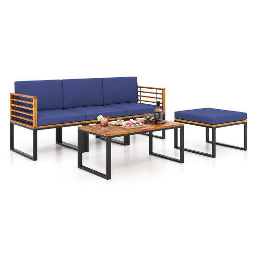 5-Piece Patio Acacia Wood Chair Set with Ottoman and Coffee Table-Navy