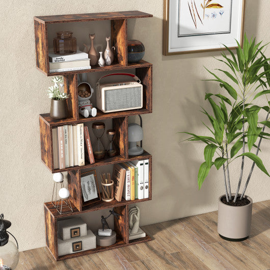 5-Tier Bookshelf with Anti-Toppling Device for Living Room Home Office-Rustic Brown