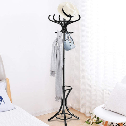 Wood Standing Hat Coat Rack with Umbrella Stand-Black