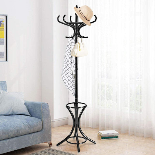 Wood Standing Hat Coat Rack with Umbrella Stand-Black