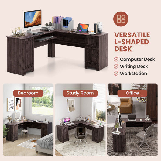 L-Shaped Office Desk with Storage Drawers and Keyboard Tray-Dark Brown