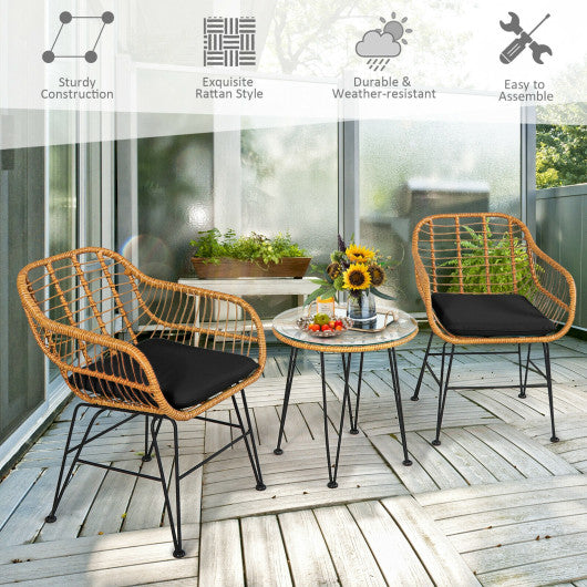 3 Pieces Rattan Furniture Set with Cushioned Chair Table-Black