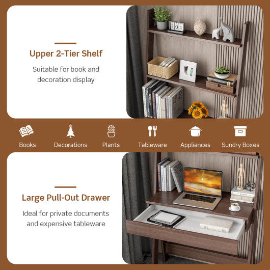 Ladder Shelf Desk Bookcase with Countertop Drawer and 2 Shelves-Walnut