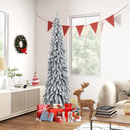 4/5/6 Feet Pre-Lit Artificial Christmas Tree Snow-Flocked Slim Pencil Xmas Decor-6 ft