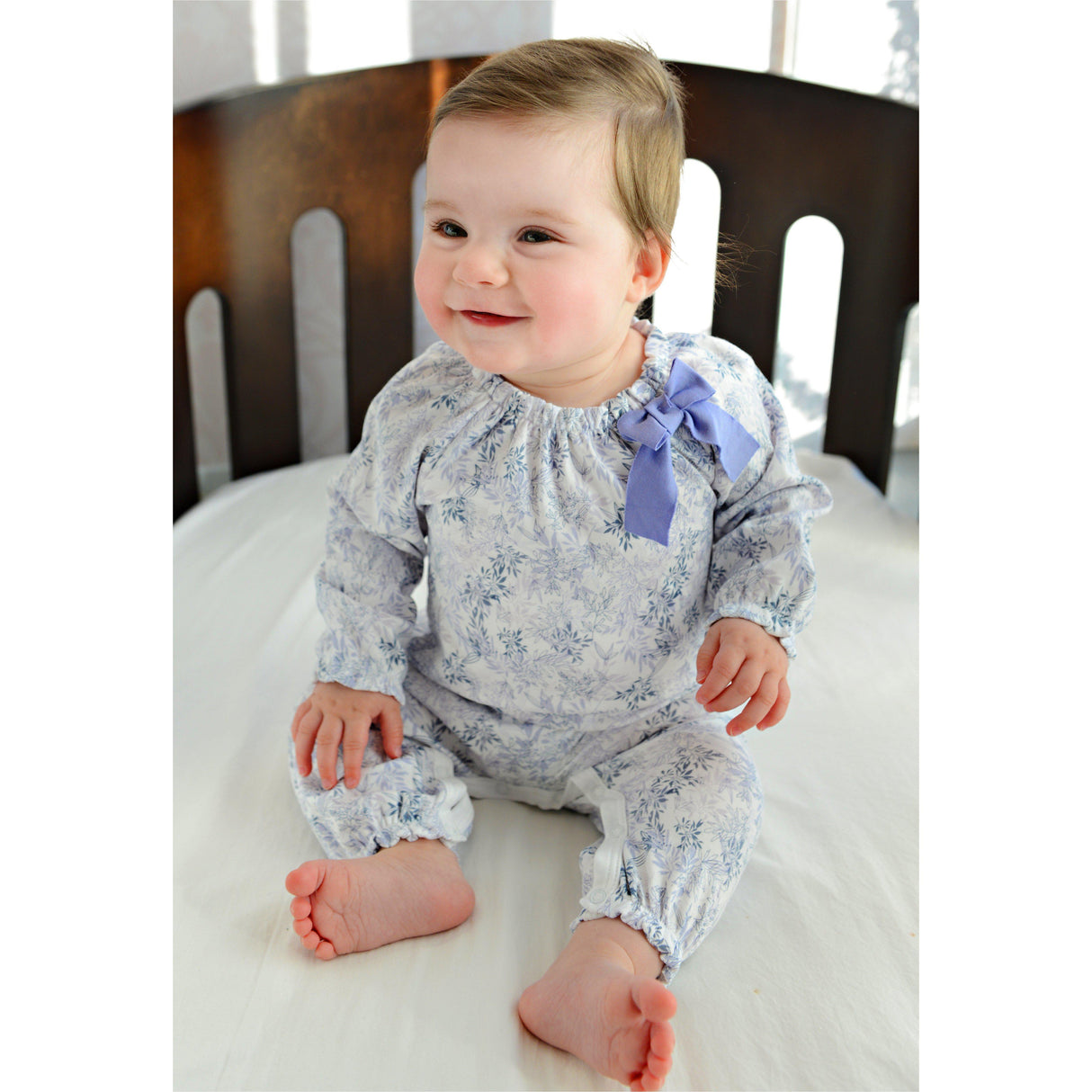 Bow Romper - Charlotte - Violet on White 100% Pima Cotton by Feather Baby