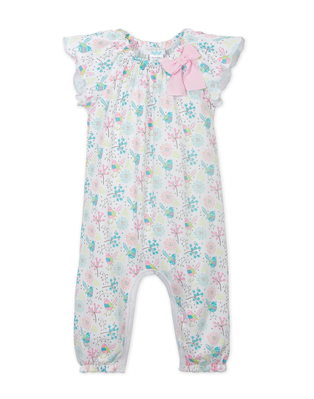 Bow Romper s/s - Regal Bird on White 100% Pima Cotton by Feather Baby
