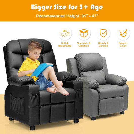 PU Leather Kids Recliner Chair with Cup Holders and Side Pockets-Black