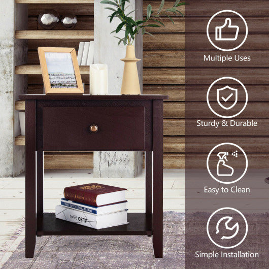 Nightstand with Drawer and Storage Shelf for Bedroom Living Room-Espresso