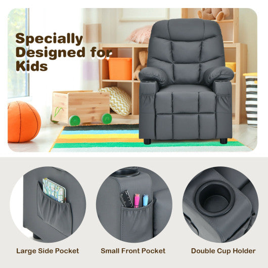 PU Leather Kids Recliner Chair with Cup Holders and Side Pockets-Gray