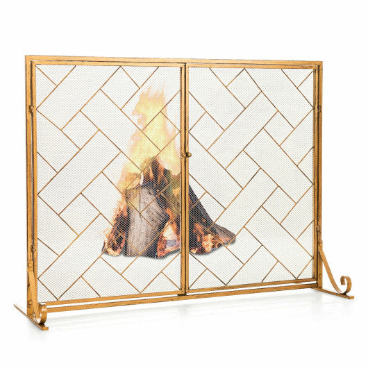 3-Panel Folding Wrought Iron Fireplace Screen with Doors and 4 Pieces Tools Set-Golden