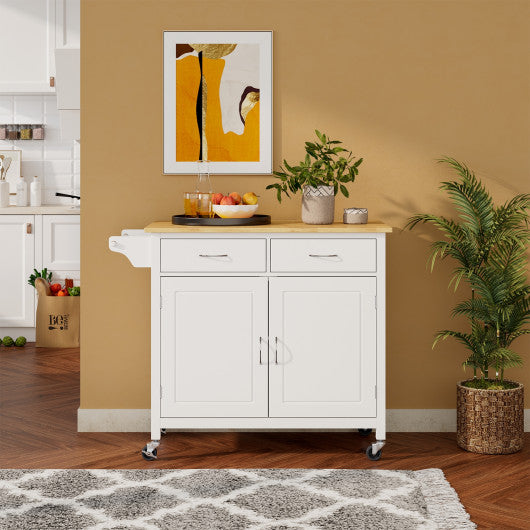 Modern Rolling Kitchen Cart Island with Wooden Top-White