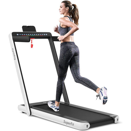 2-in-1 Electric Motorized Health and Fitness Folding Treadmill with Dual Display and Speaker-White