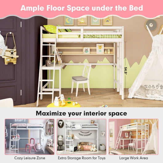 Twin Size Loft Bed Frame with Desk Angled and Built-in Ladder-White