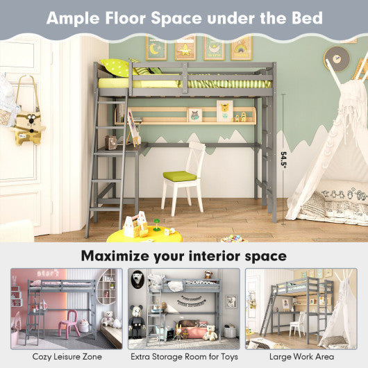 Twin Size Loft Bed Frame with Desk Angled and Built-in Ladder-Gray