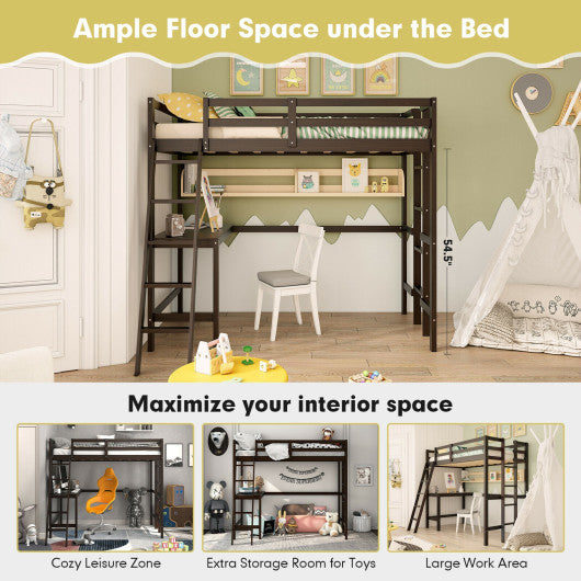 Twin Size Loft Bed Frame with Desk Angled and Built-in Ladder-Espresso